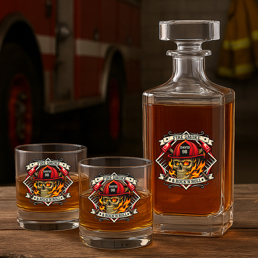 Personalized Fire Smoke & Rock n Roll Decanter, Gift For Fireman Decanter With Whiskey Glasses Set, First Responder Gift TNN025