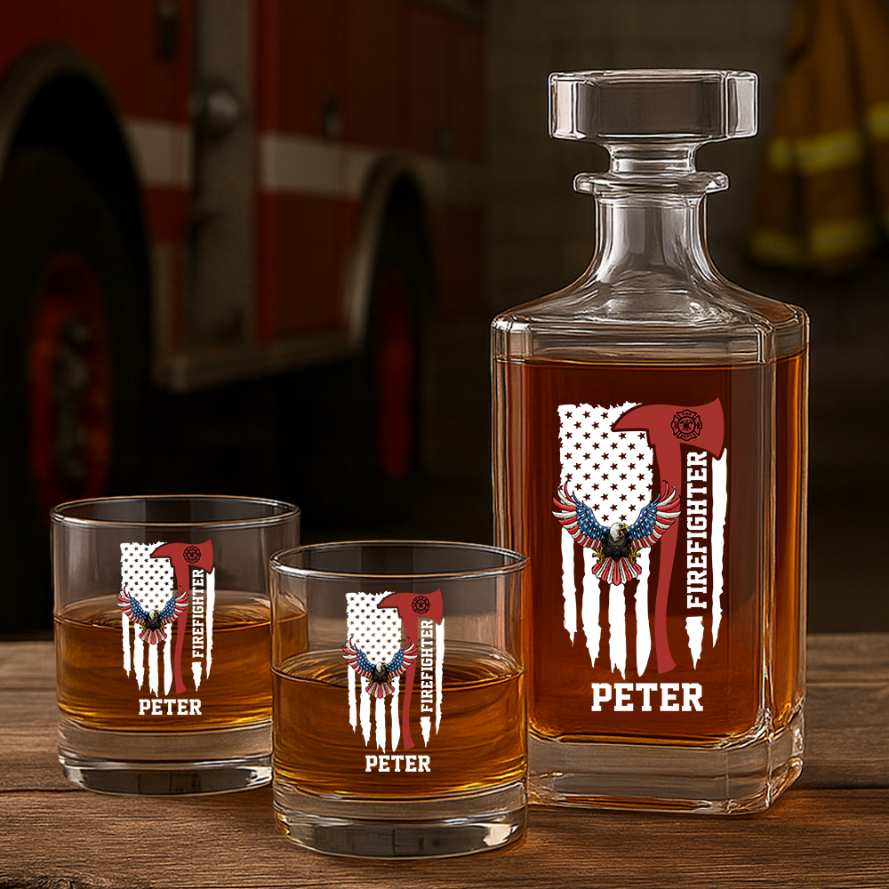 Personalized American Eagle Firefighter Decanter Set, Gift For Fireman, First Responder Gift TNN041