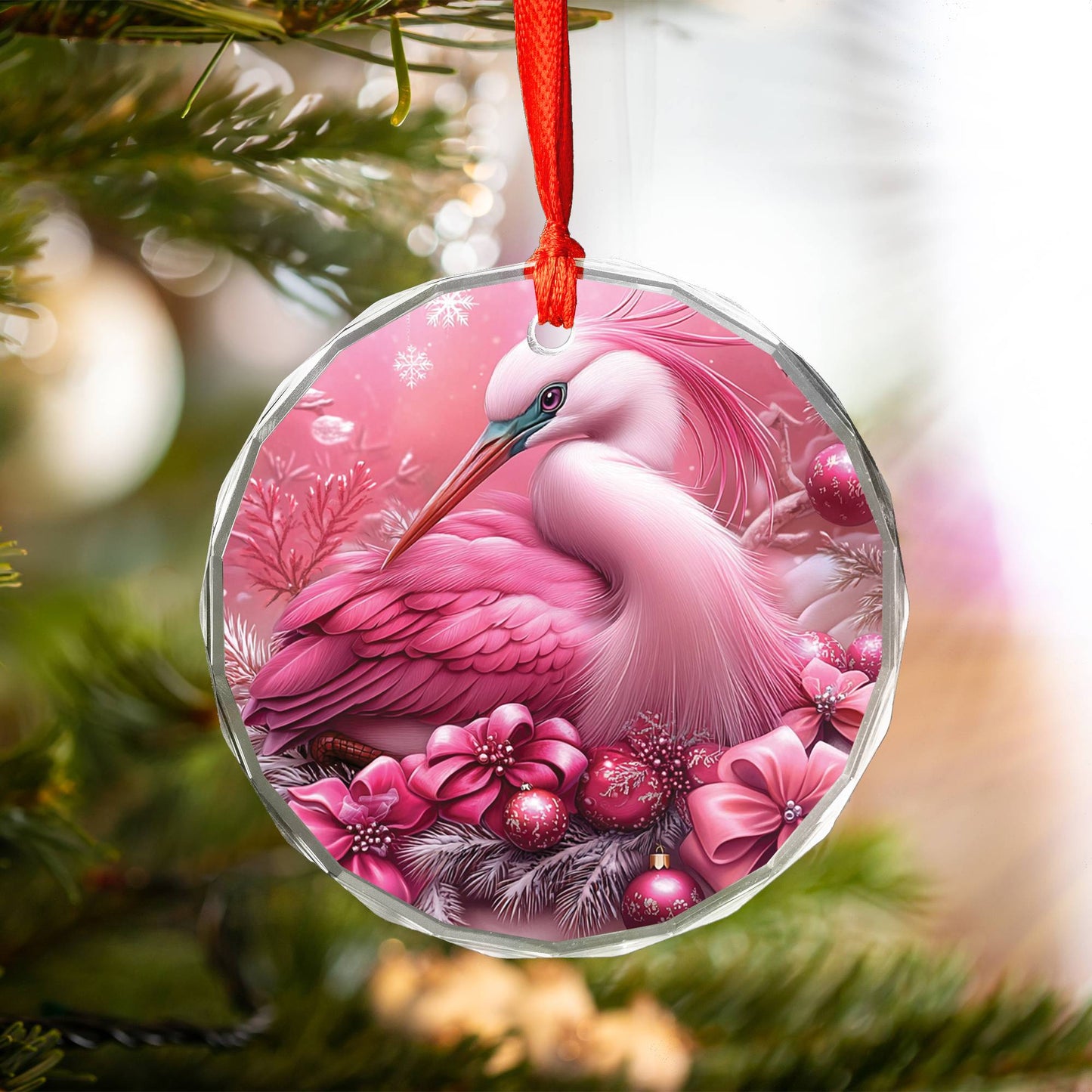 Heron Pink Christmas Design 3 Glass Ornament