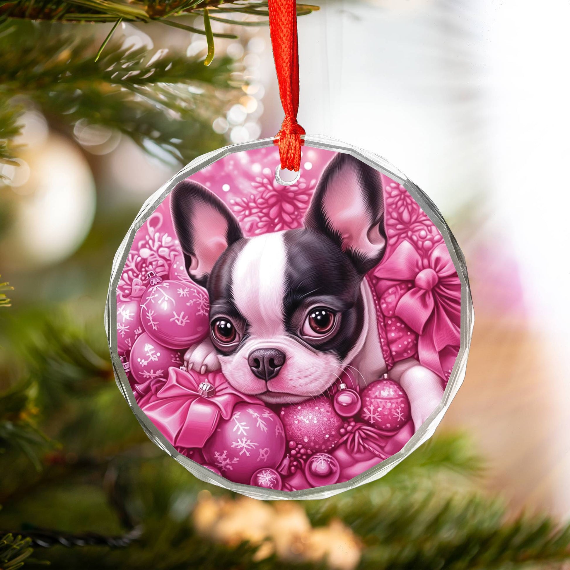 Boston Terrier Dog Pink Christmas Design 3 Glass Ornament