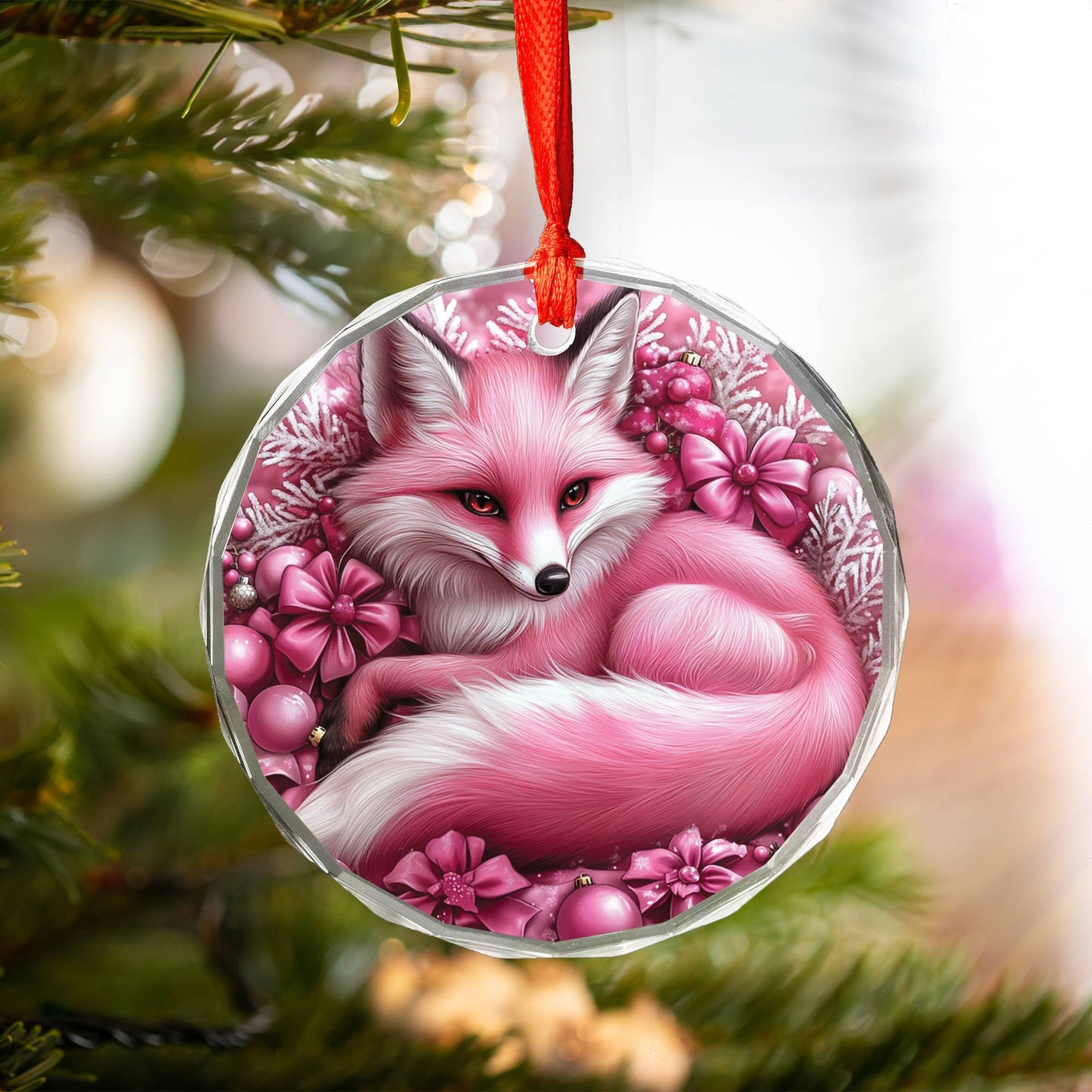 Fox Pink Christmas Design 2 Glass Ornament