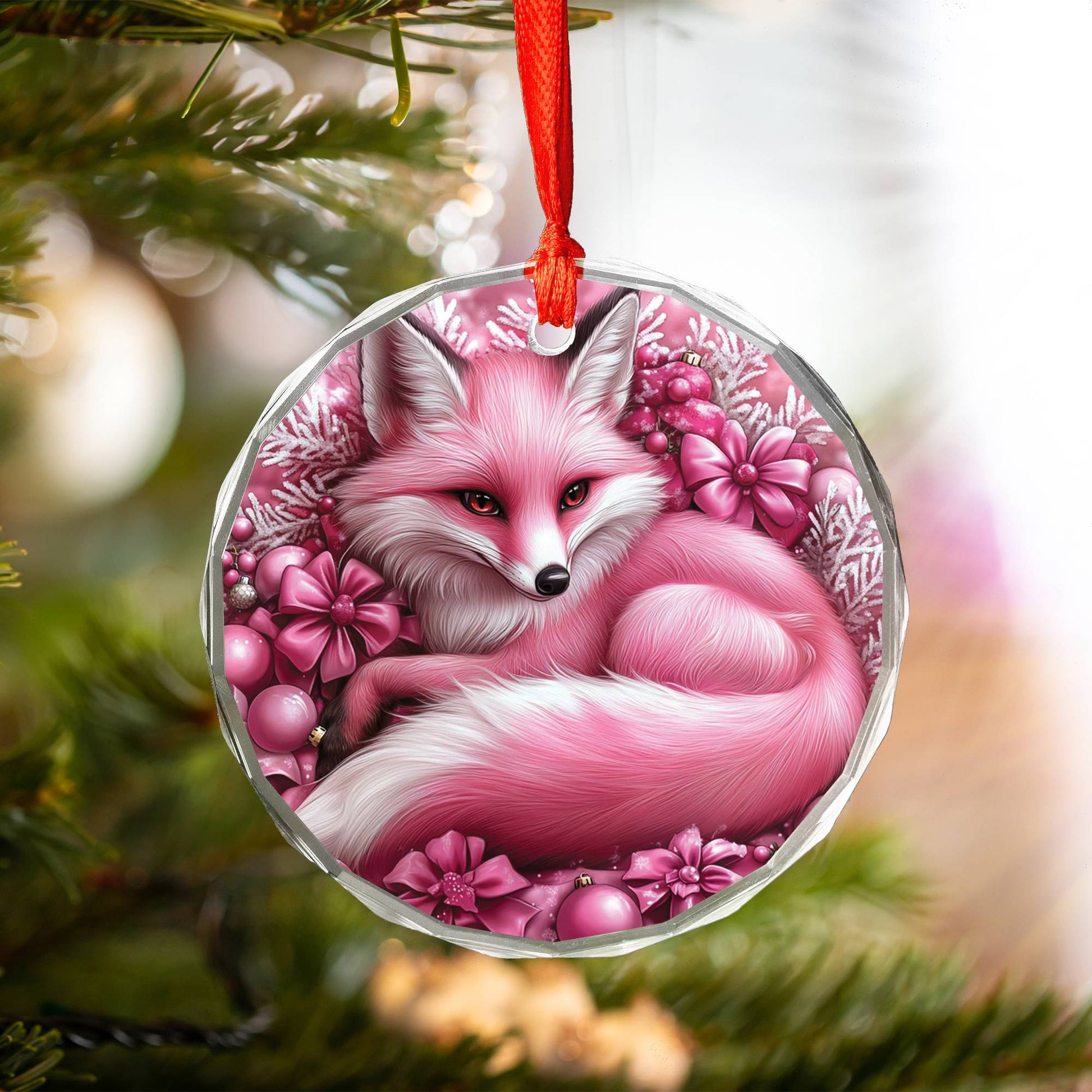 Fox Pink Christmas Design 2 Glass Ornament