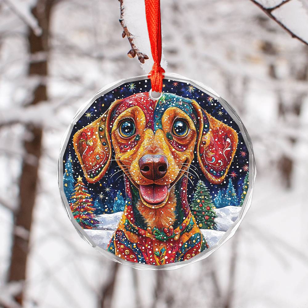 Beautiful Angus Dachshund Dog Christmas Night Design 3 Glass Ornament