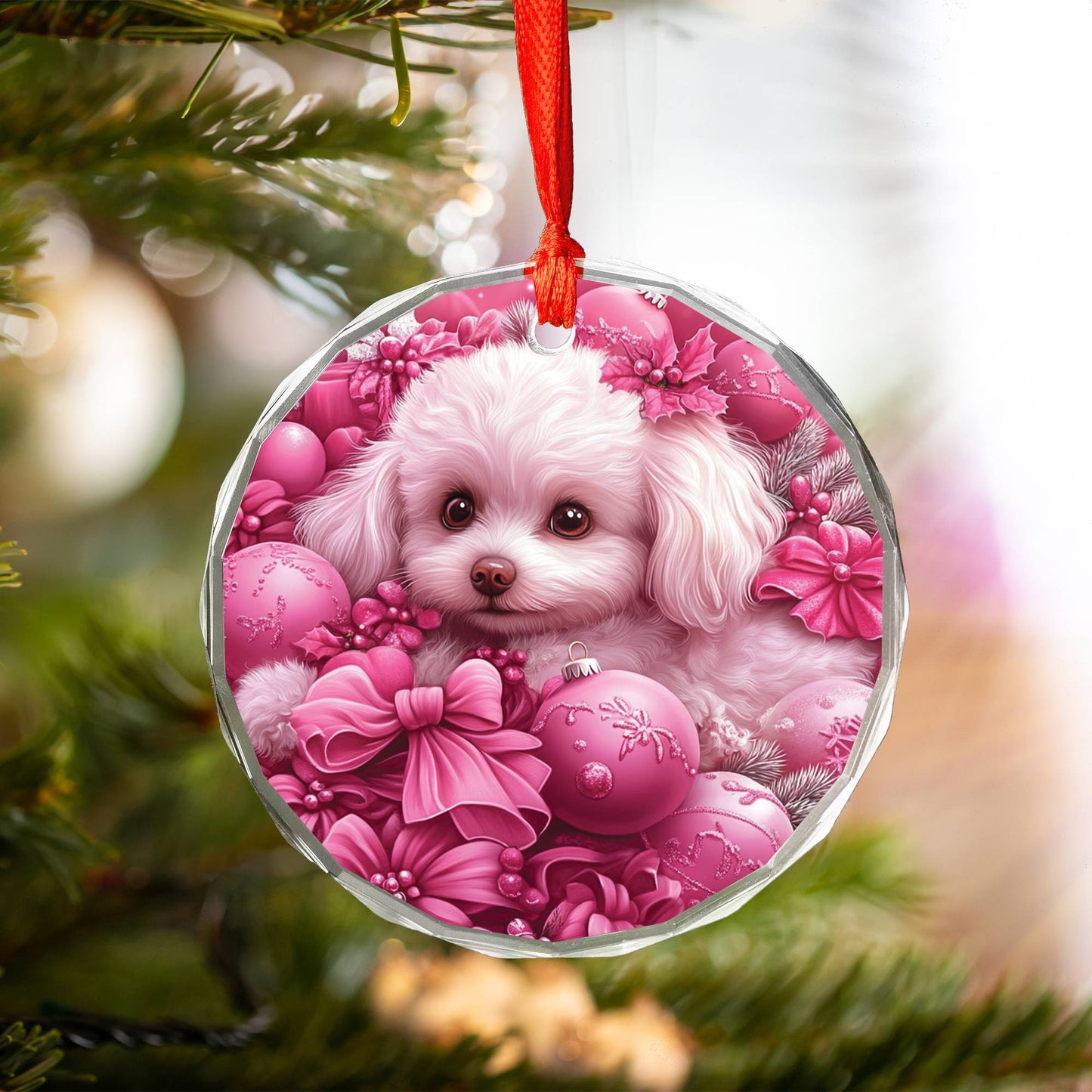 Bichon Frise Dog Pink Christmas Design 1 Glass Ornament