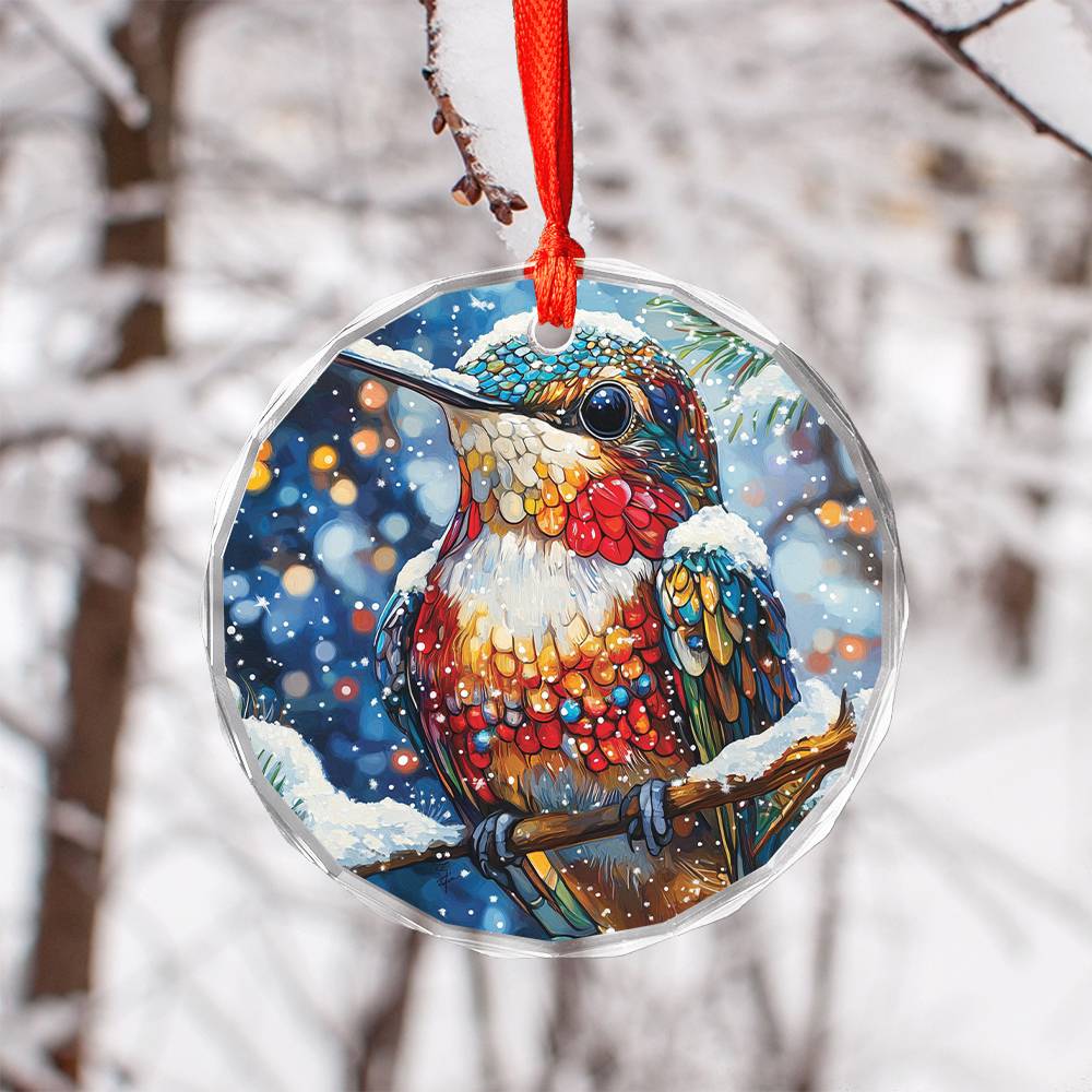 Beautiful Hummingbird Christmas Night Design 2 Glass Ornament