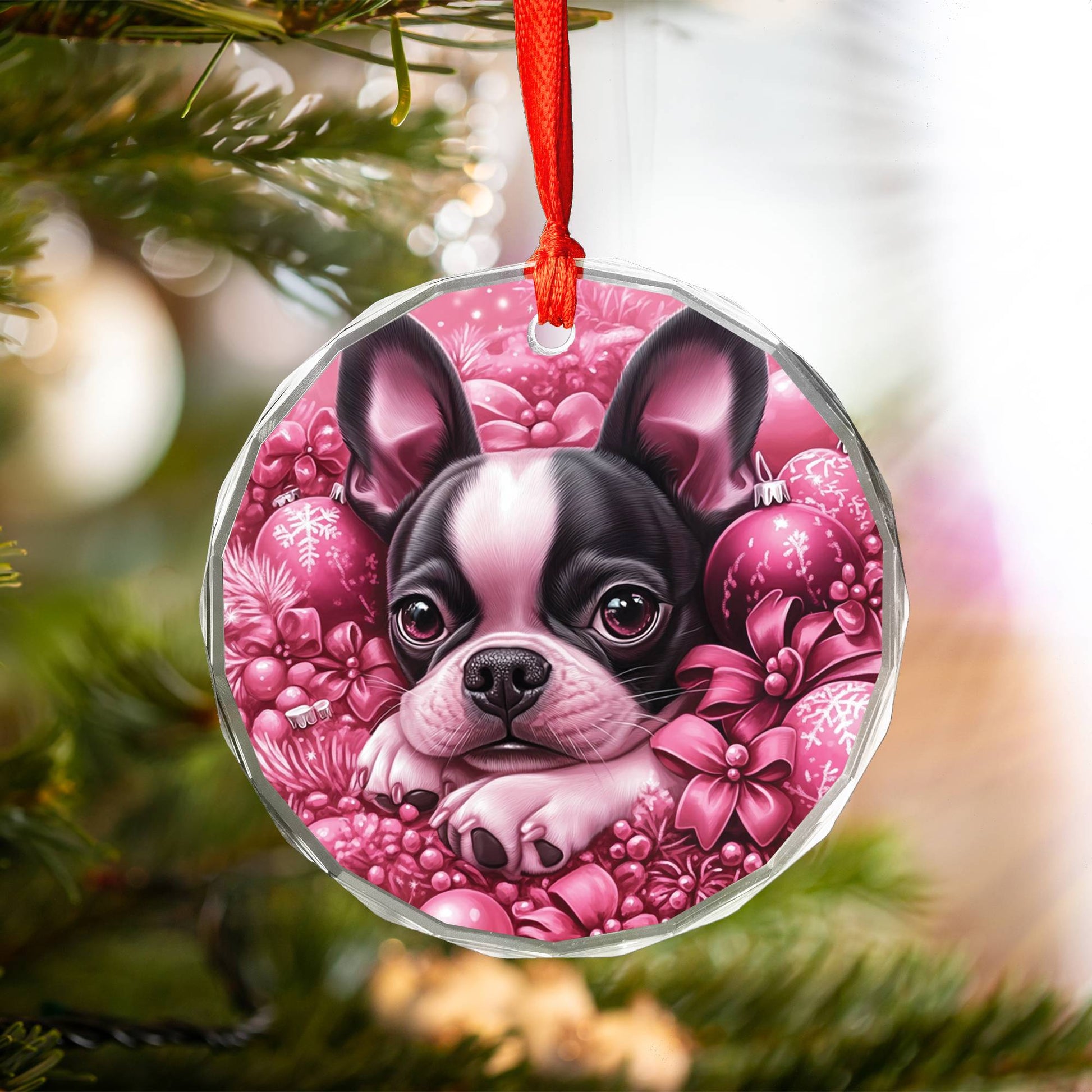 Boston Terrier Dog Pink Christmas Design 4 Glass Ornament