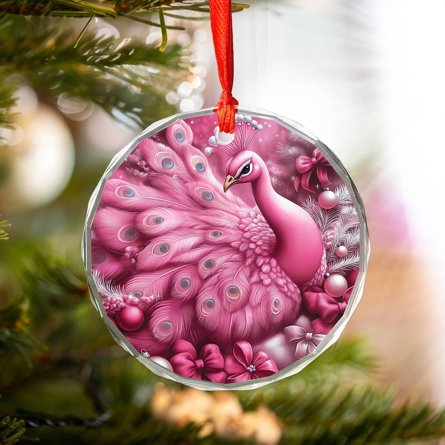 Peacock Pink Christmas Design 4 Glass Ornament