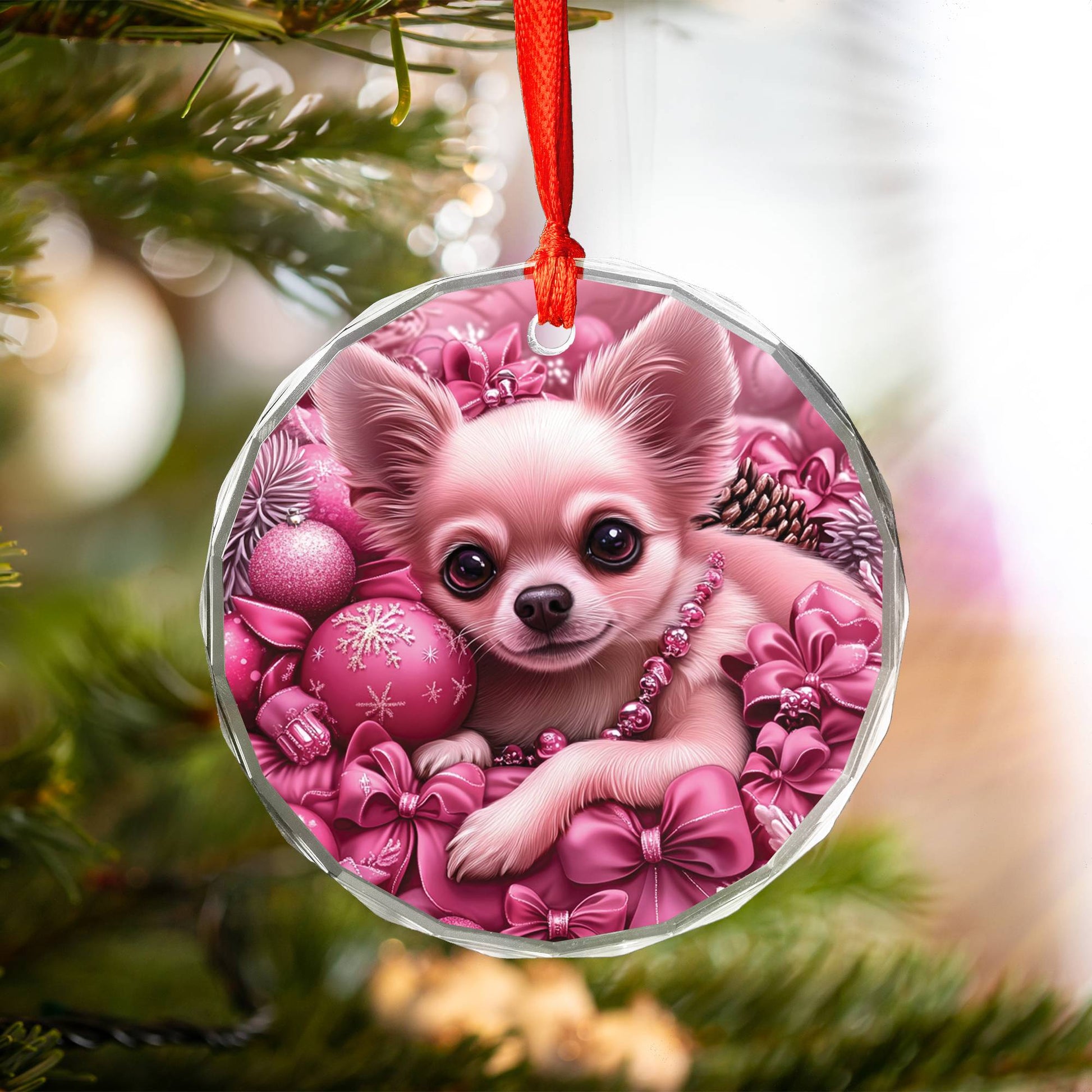 Chihuahua Dog Pink Christmas Design 3 Glass Ornament