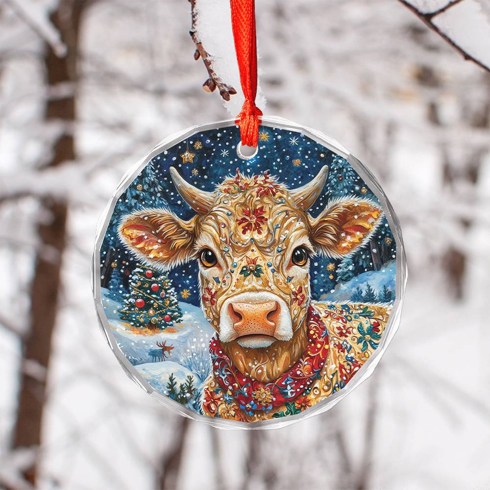 Beautiful Jersey Cow Christmas Night Design 1 Glass Ornament