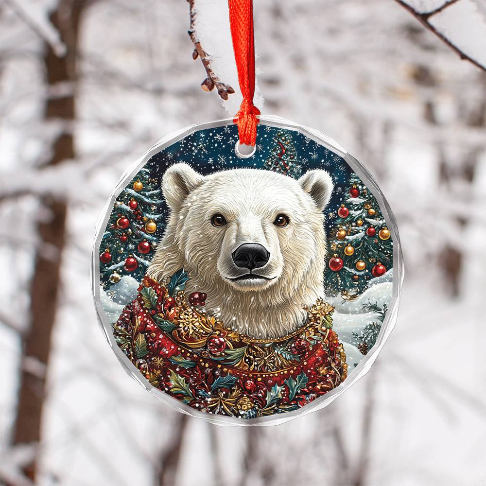 Beautiful Angus Polar Bear Christmas Night Design 3 Glass Ornament