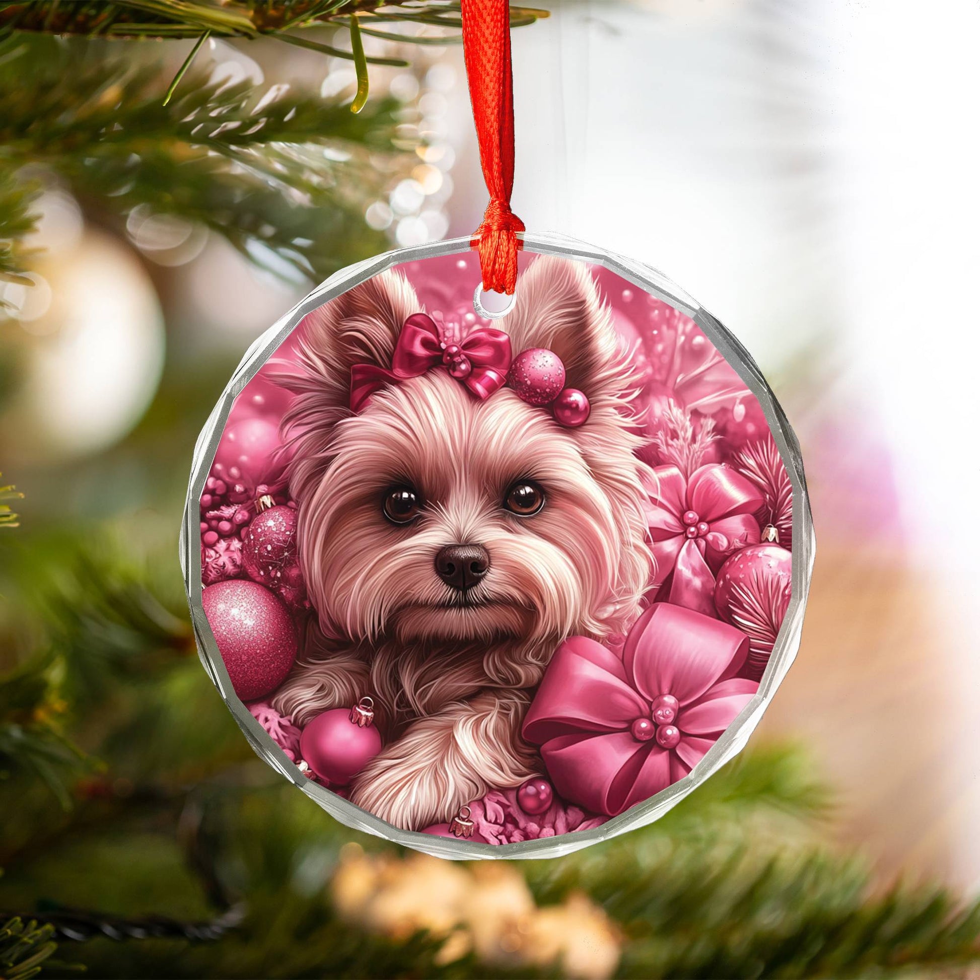 Yorkshire Terrier Dog Pink Christmas Design 4 Glass Ornament