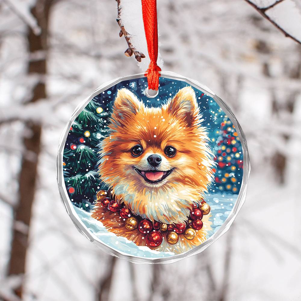Beautiful Angus Pomeranian Dog Christmas Night Design 3 Glass Ornament