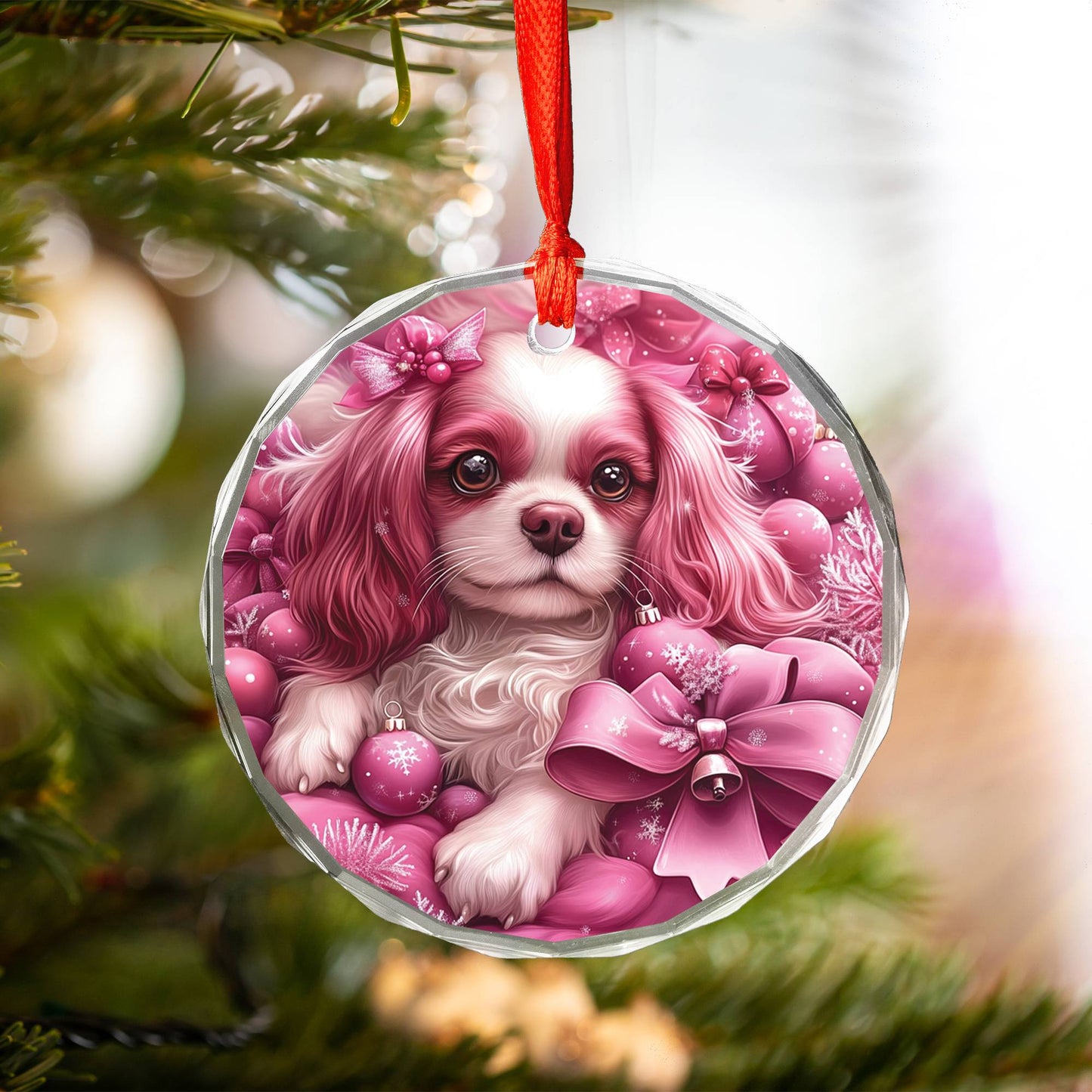 Cavalier King Charles Spaniel Dog Pink Christmas Design 3 Glass Ornament