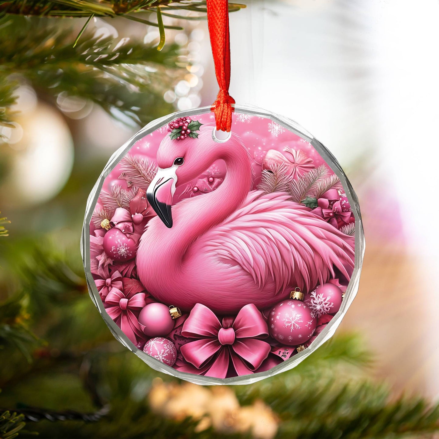 Flamingo Pink Christmas Design 2 Glass Ornament
