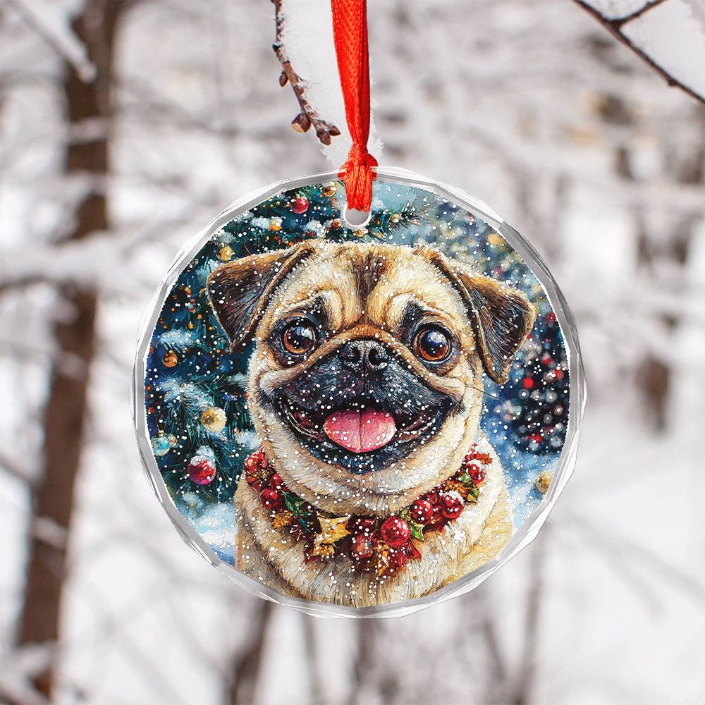 Beautiful Pug Dog Christmas Night Design 4 Glass Ornament