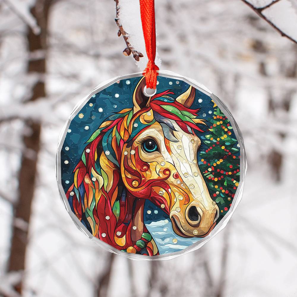 Beautiful Horse Christmas Night Design 1 Glass Ornament