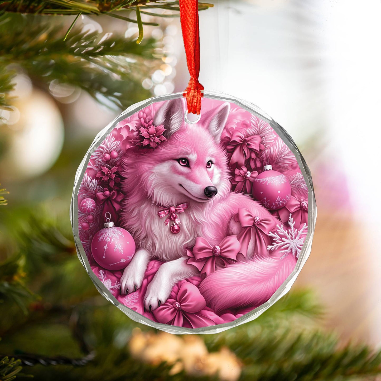Wolf Pink Christmas Design 1 Glass Ornament