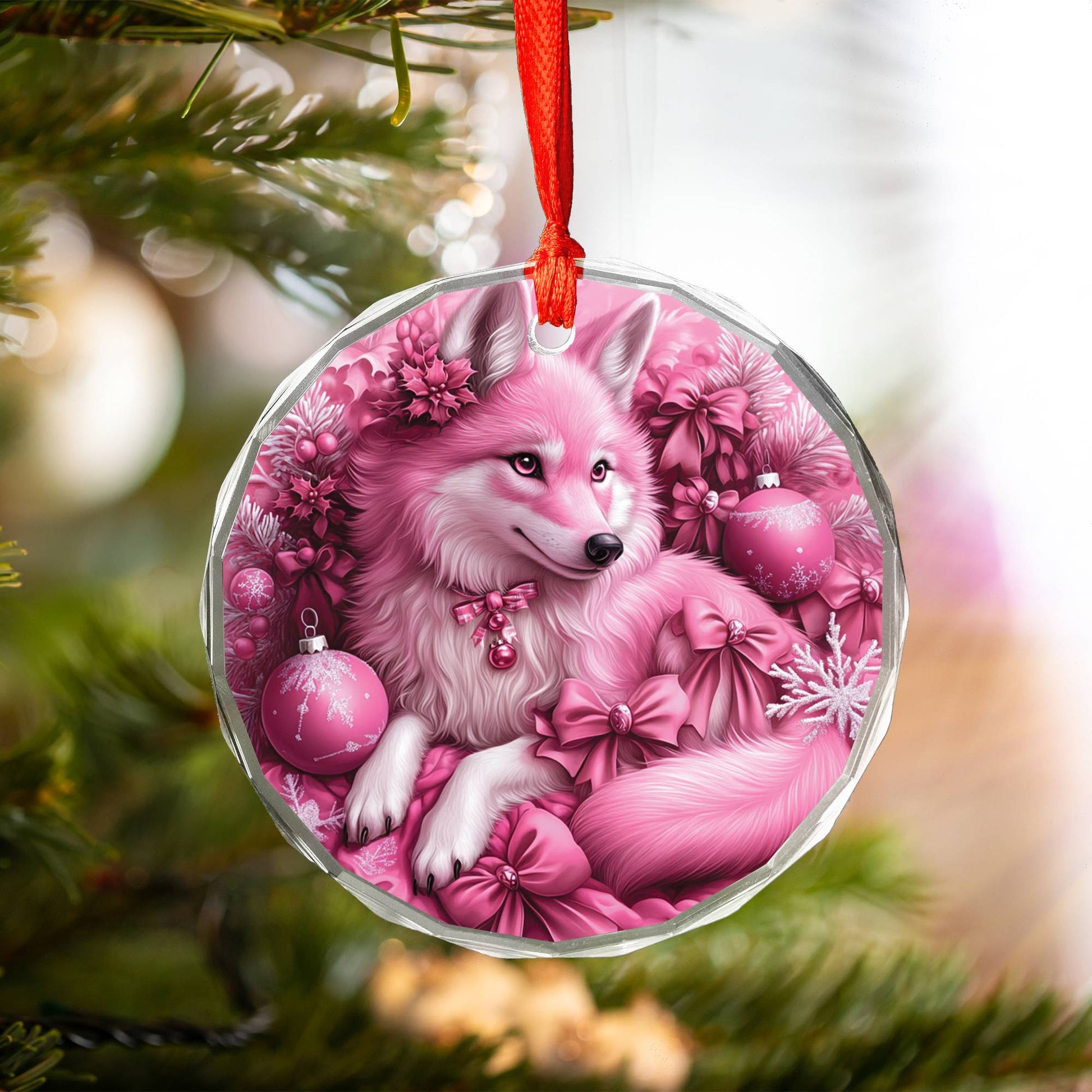Wolf Pink Christmas Design 1 Glass Ornament
