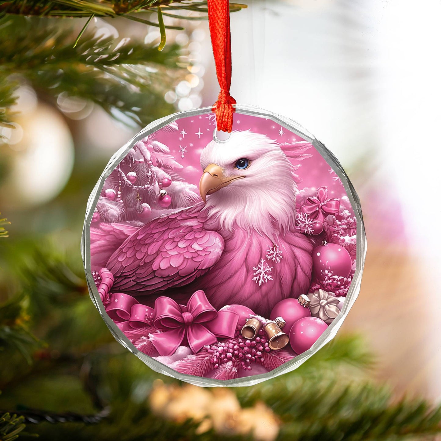 Eagle Pink Christmas Design 1 Glass Ornament