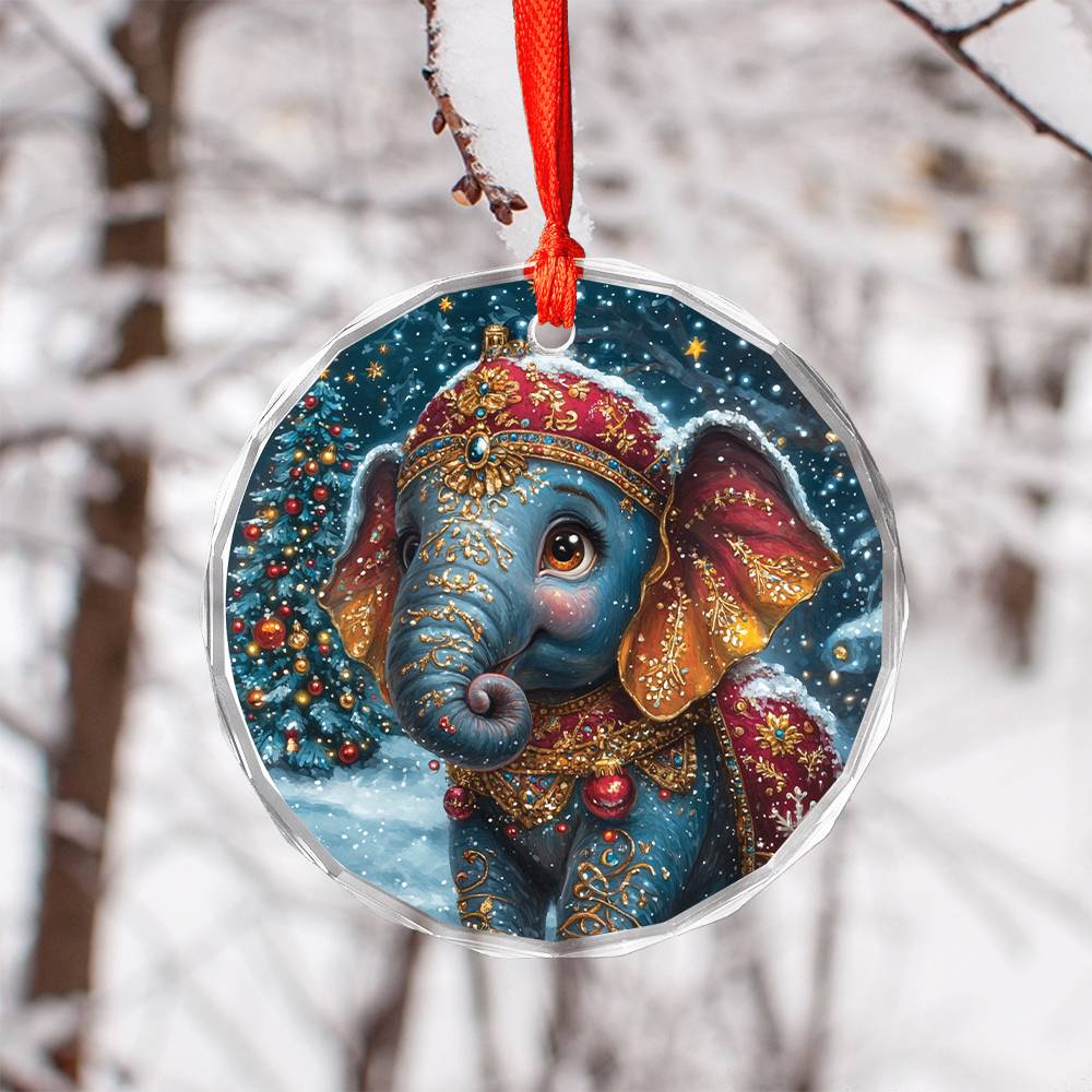 Beautiful Elephant Christmas Night Design 2 Glass Ornament