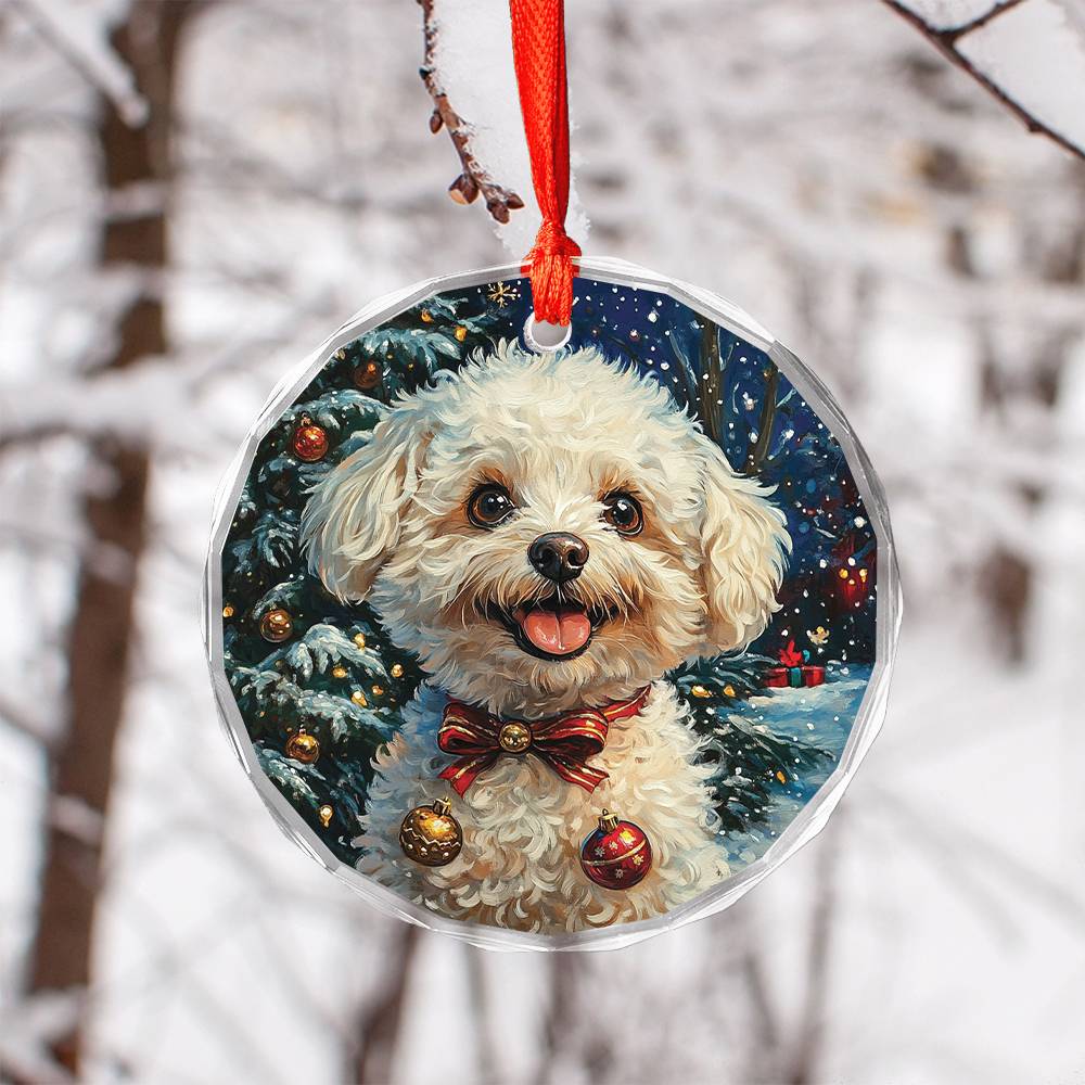 Beautiful Bichon Frise Dog Christmas Night Design 1 Glass Ornament