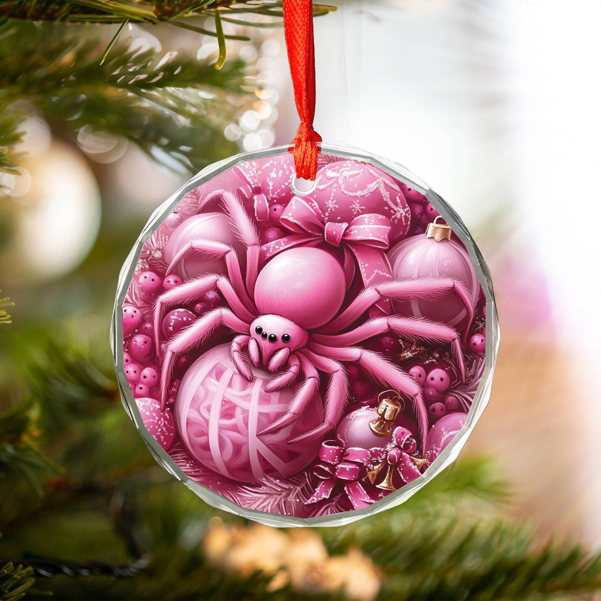 Spider Pink Christmas Design 3 Glass Ornament