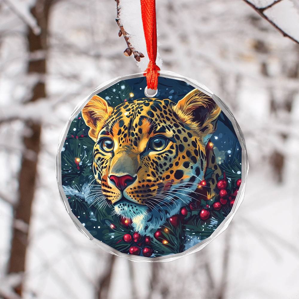 Beautiful Leopard Christmas Night Design 4 Glass Ornament