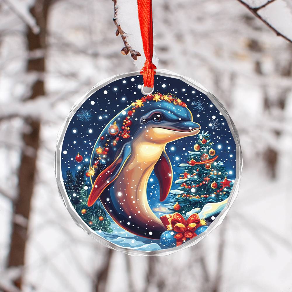 Beautiful Angus Dolphin Christmas Night Design 3 Glass Ornament