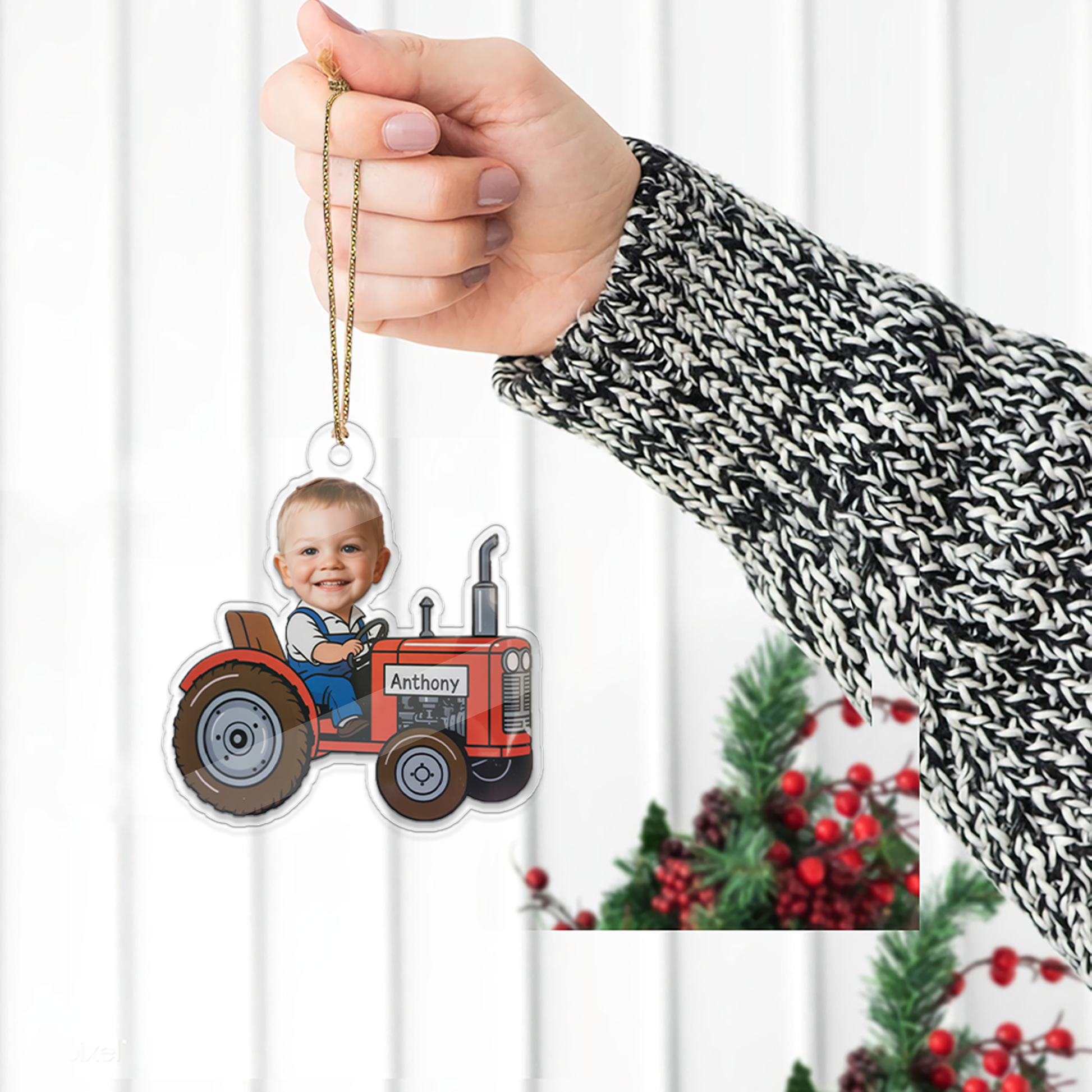 Custom Farmer Baby Face Photo Ornament, Personalized Tractor Ornament, Acrylic Funny Face Ornament, Christmas Decor