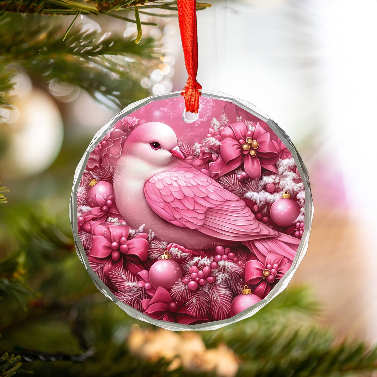 Dove Pink Christmas Design 3 Glass Ornament