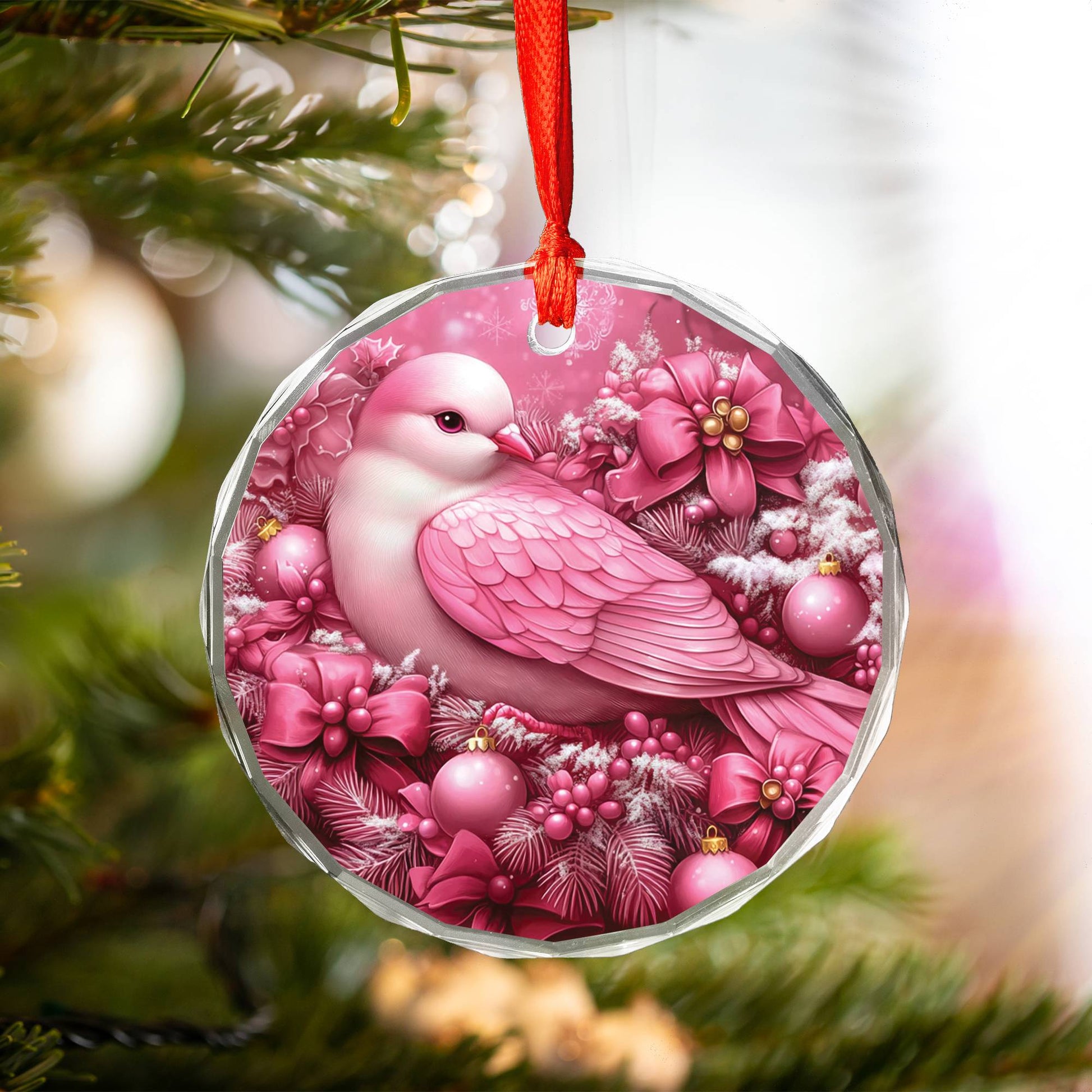 Dove Pink Christmas Design 3 Glass Ornament