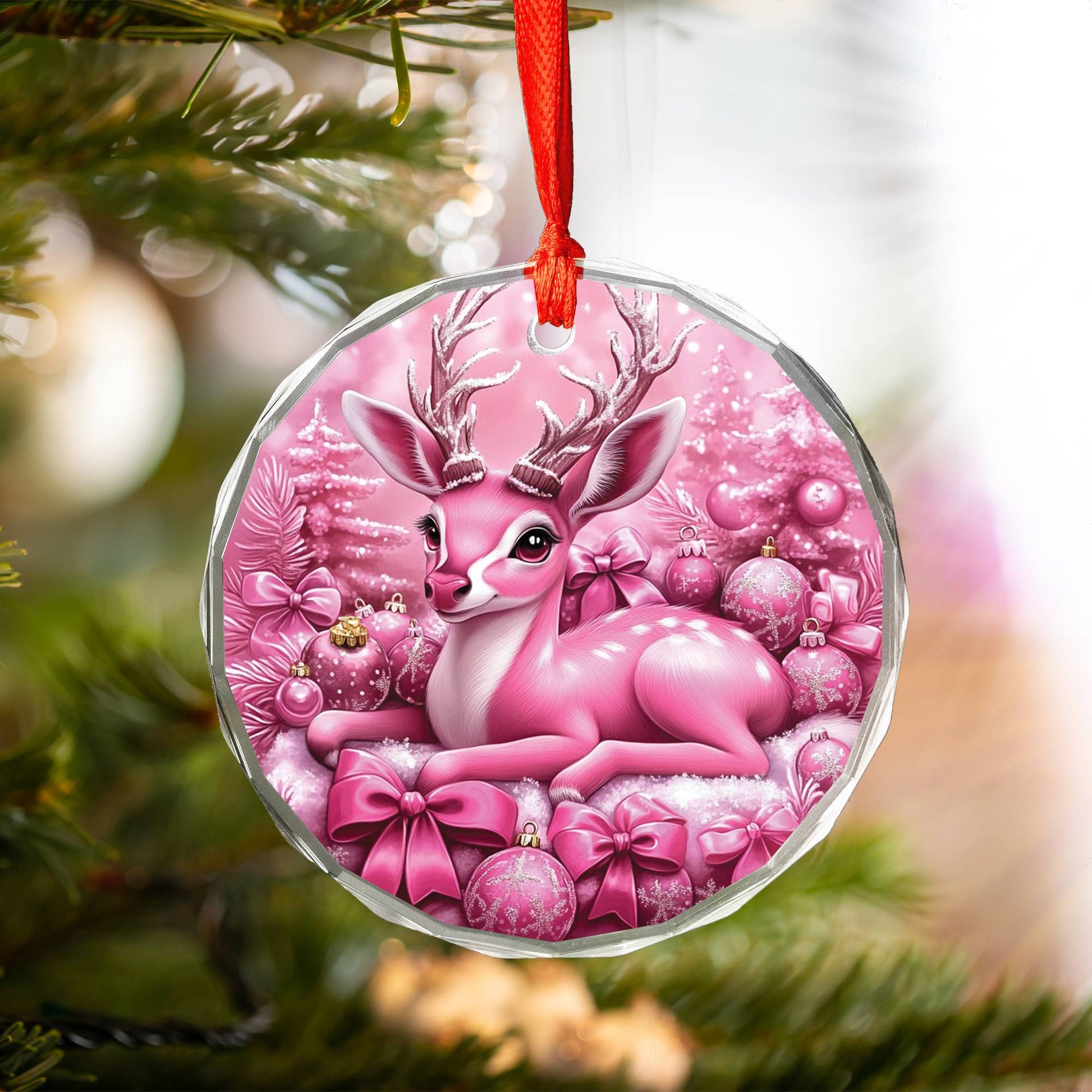 Antelope Pink Christmas Design 1 Glass Ornament