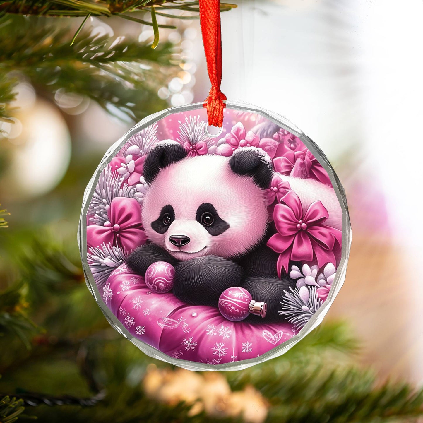 Panda Pink Christmas Design 4 Glass Ornament