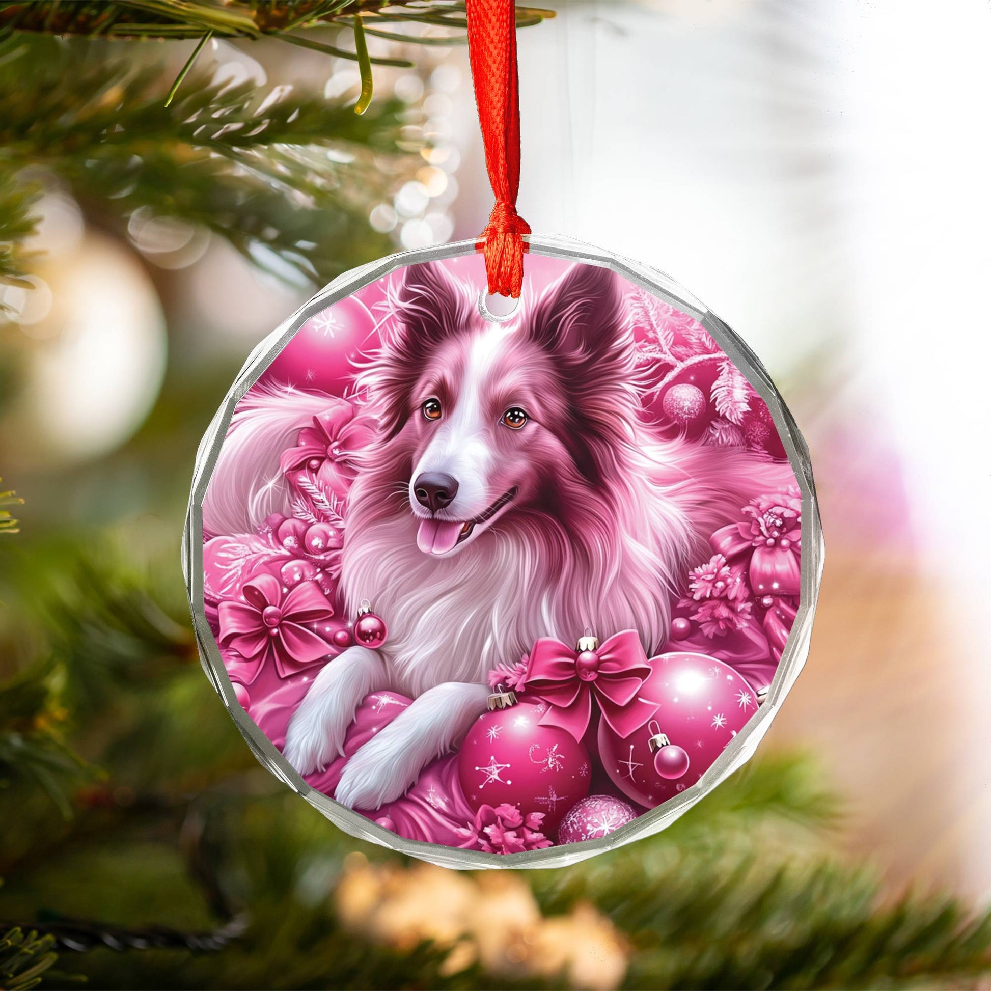 Collie Dog Pink Christmas Design 3 Glass Ornament