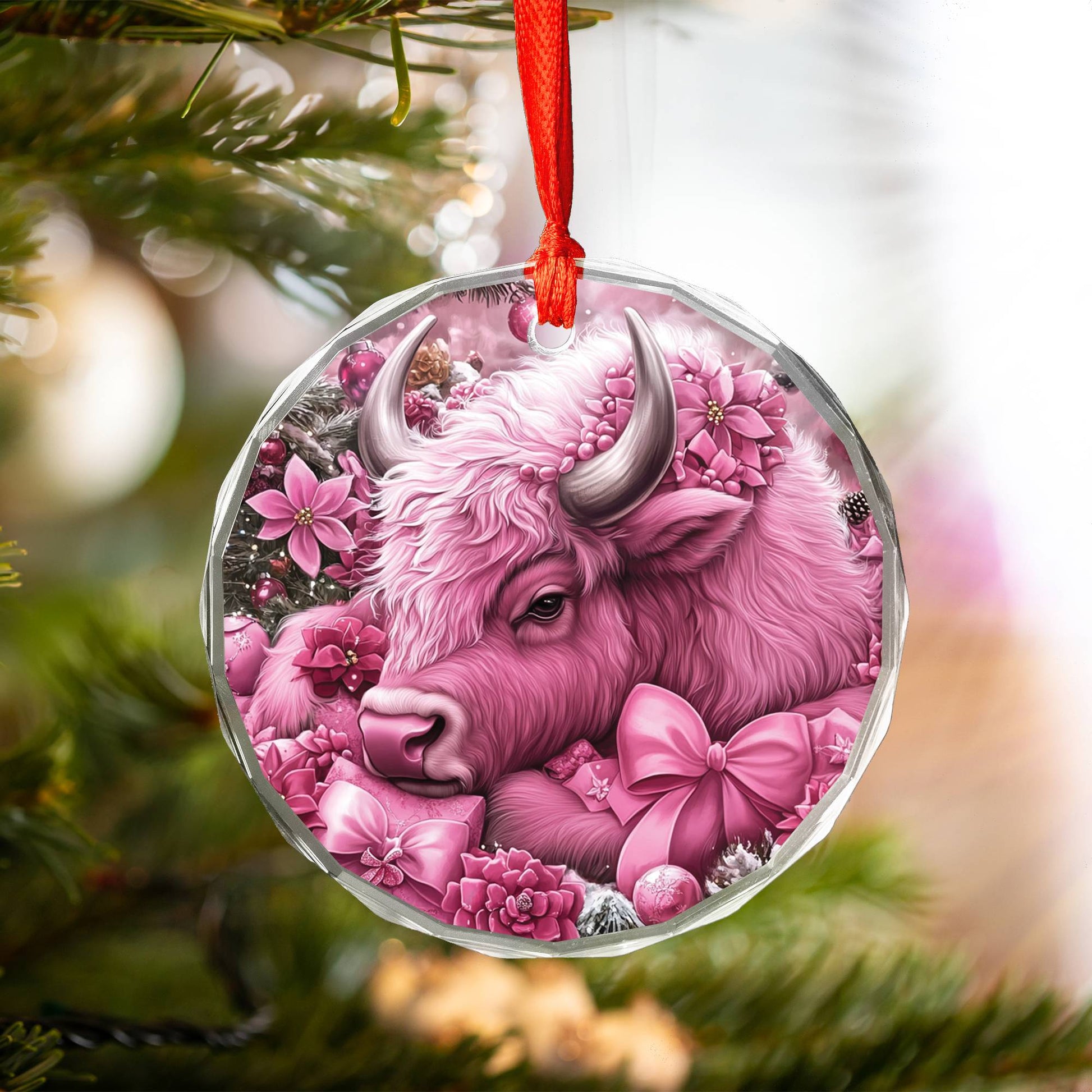 Bison Pink Christmas Design 2 Glass Ornament