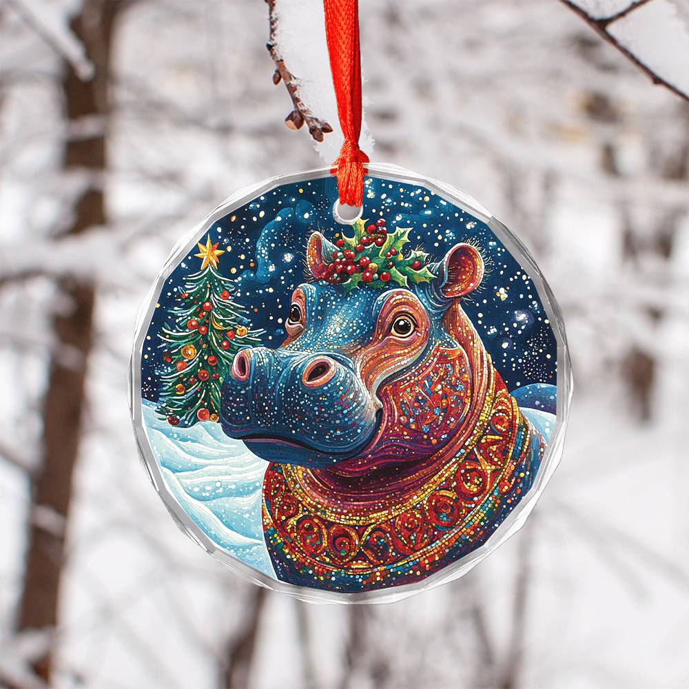 Beautiful Hippo Christmas Night Design 3 Glass Ornament