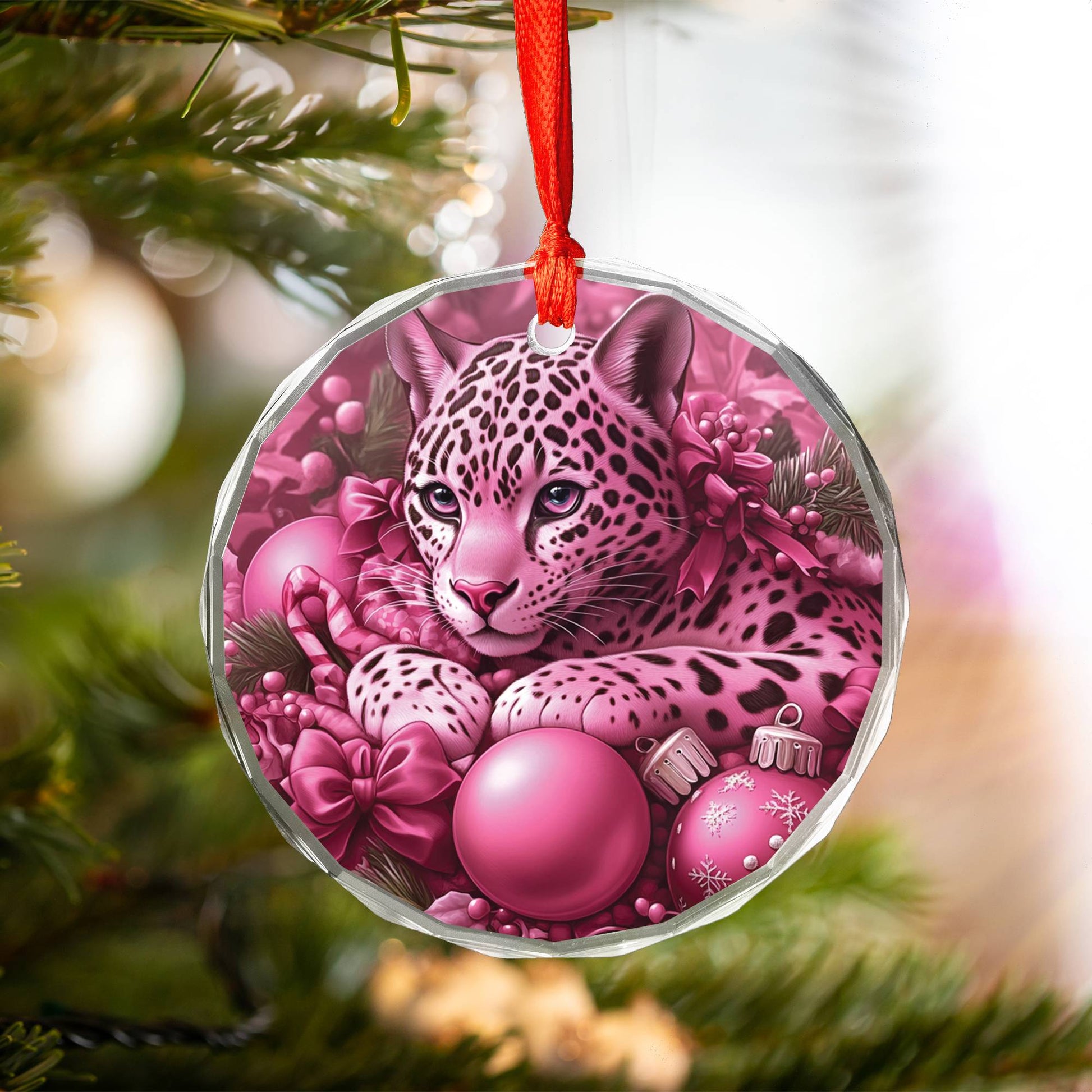 Jaguar Pink Christmas Design 1 Glass Ornament