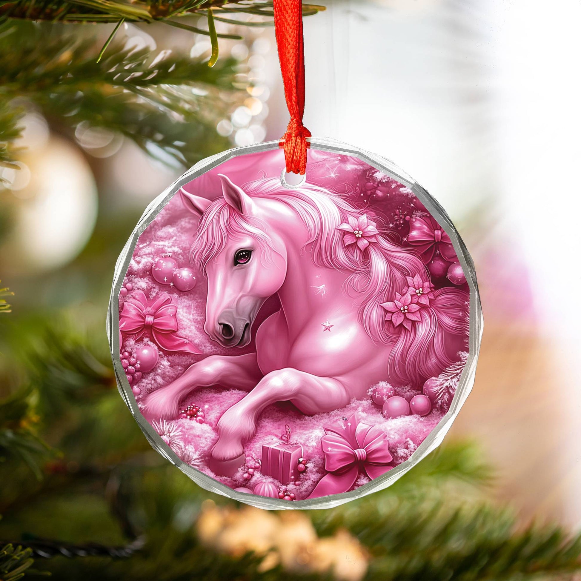 Horse Pink Christmas Design 1 Glass Ornament