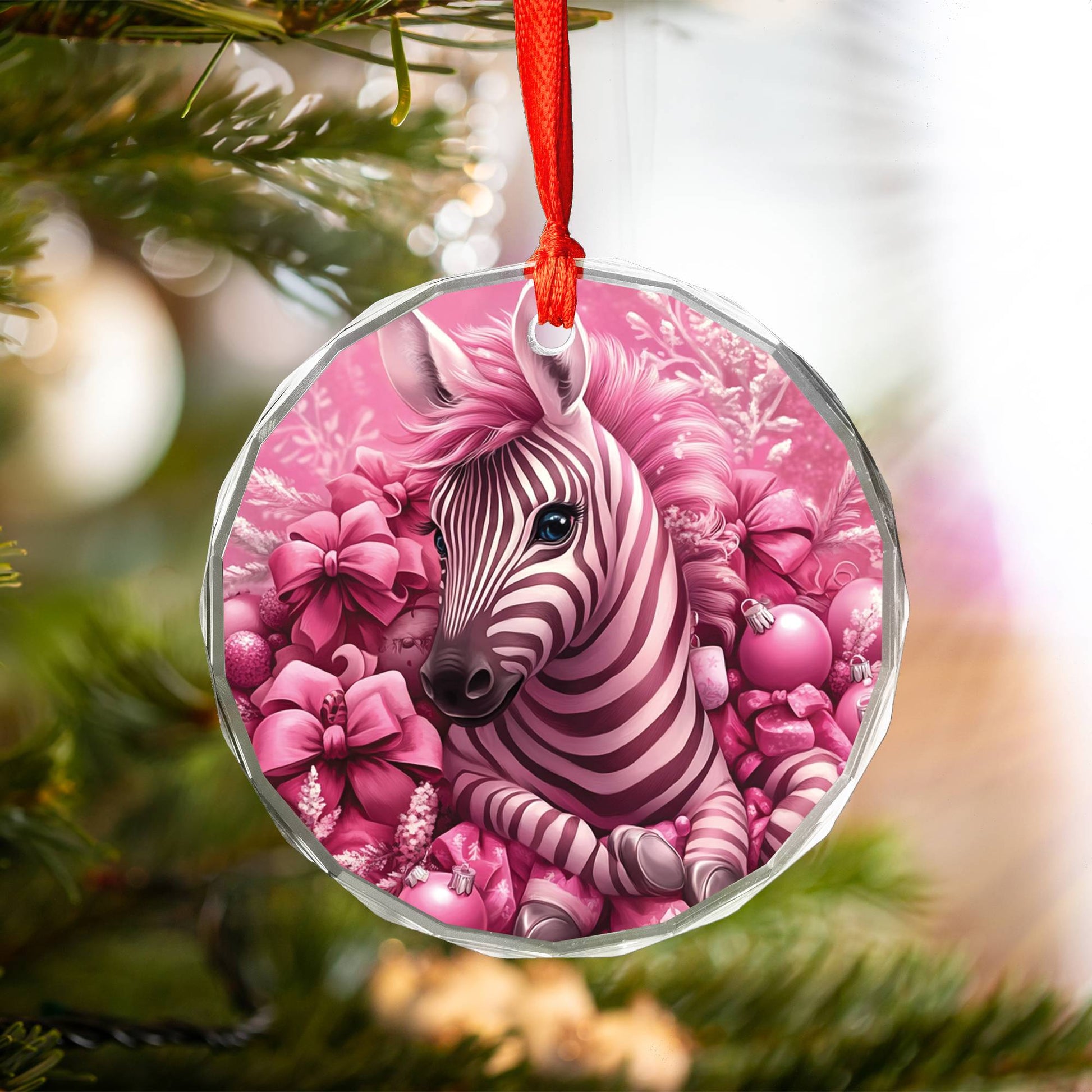 Zebra Pink Christmas Design 2 Glass Ornament