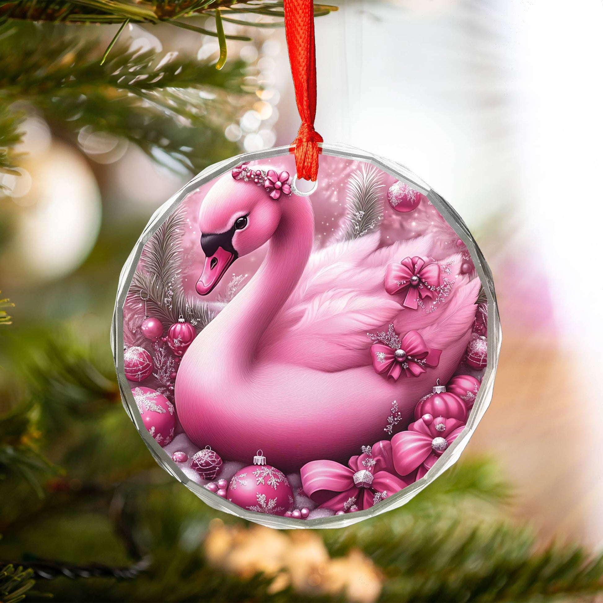Swan Pink Christmas Design 2 Glass Ornament