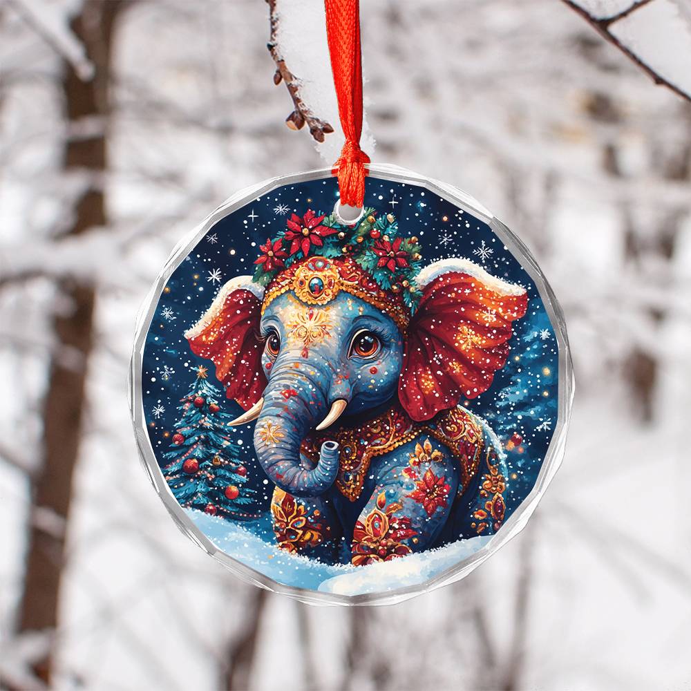 Beautiful Elephant Christmas Night Design 1 Glass Ornament