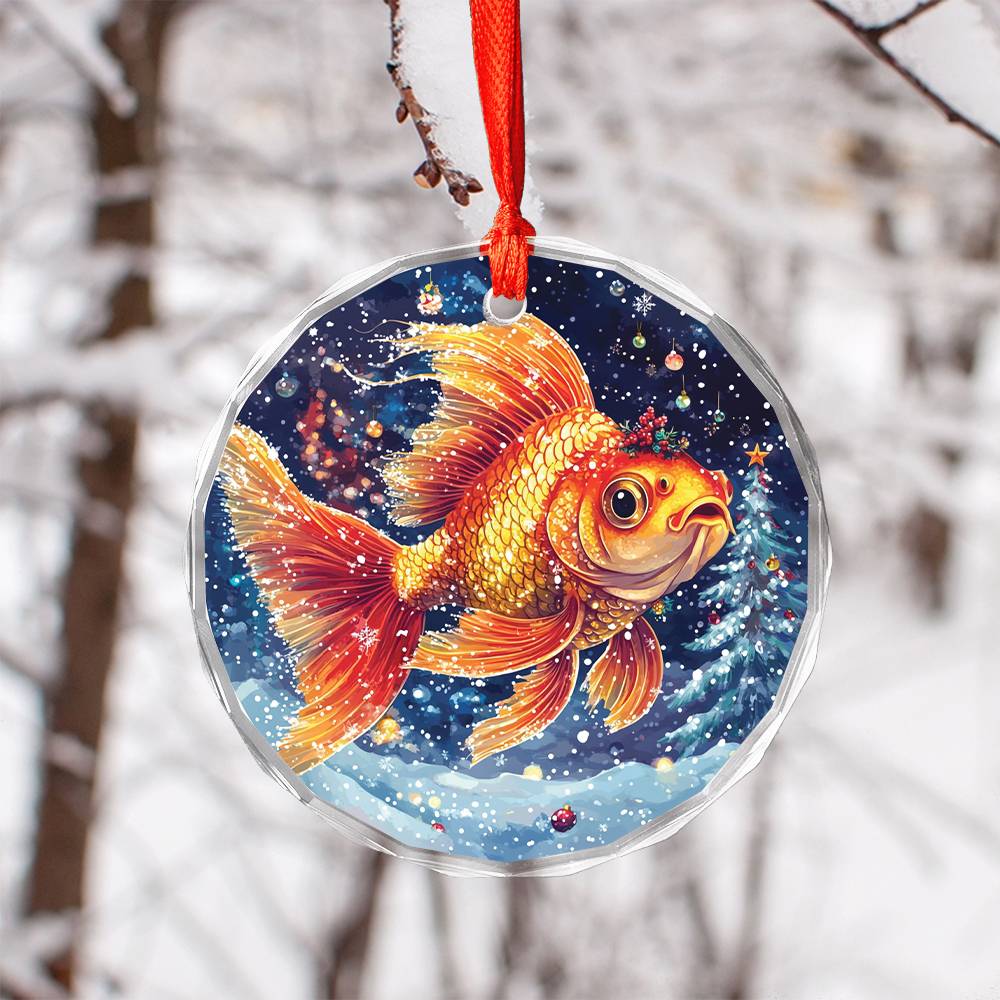Beautiful Angus Goldfish Christmas Night Design 2 Glass Ornament