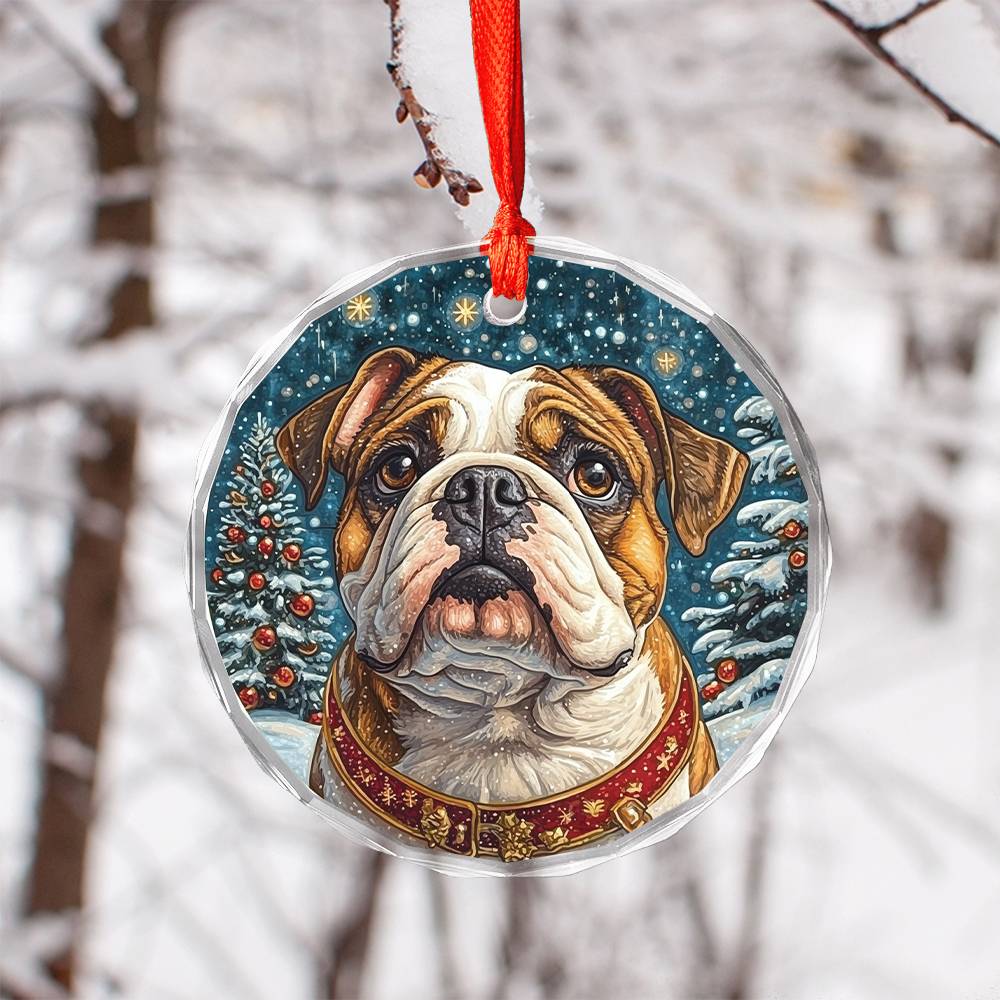 Beautiful Angus Bulldog Dog Christmas Night Design 3 Glass Ornament
