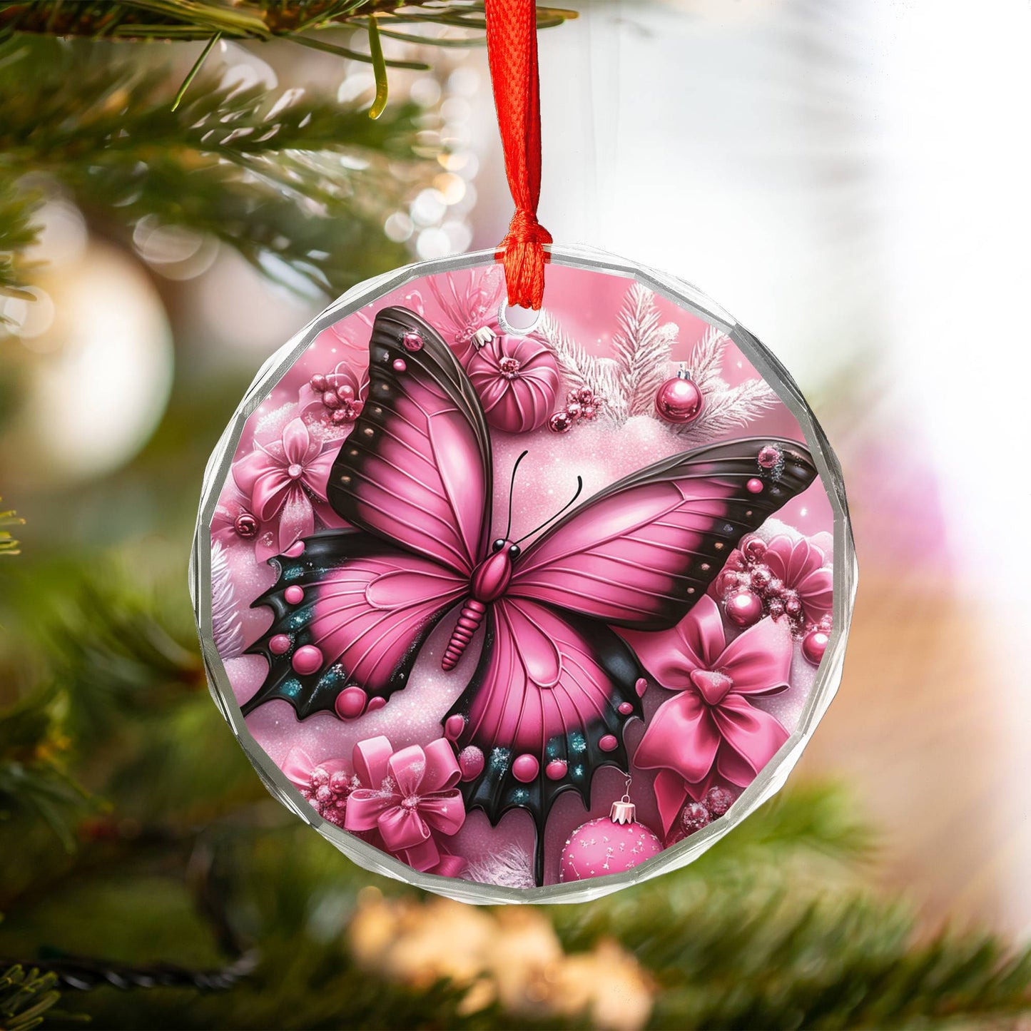 Butterfly Pink Christmas Design 3 Glass Ornament