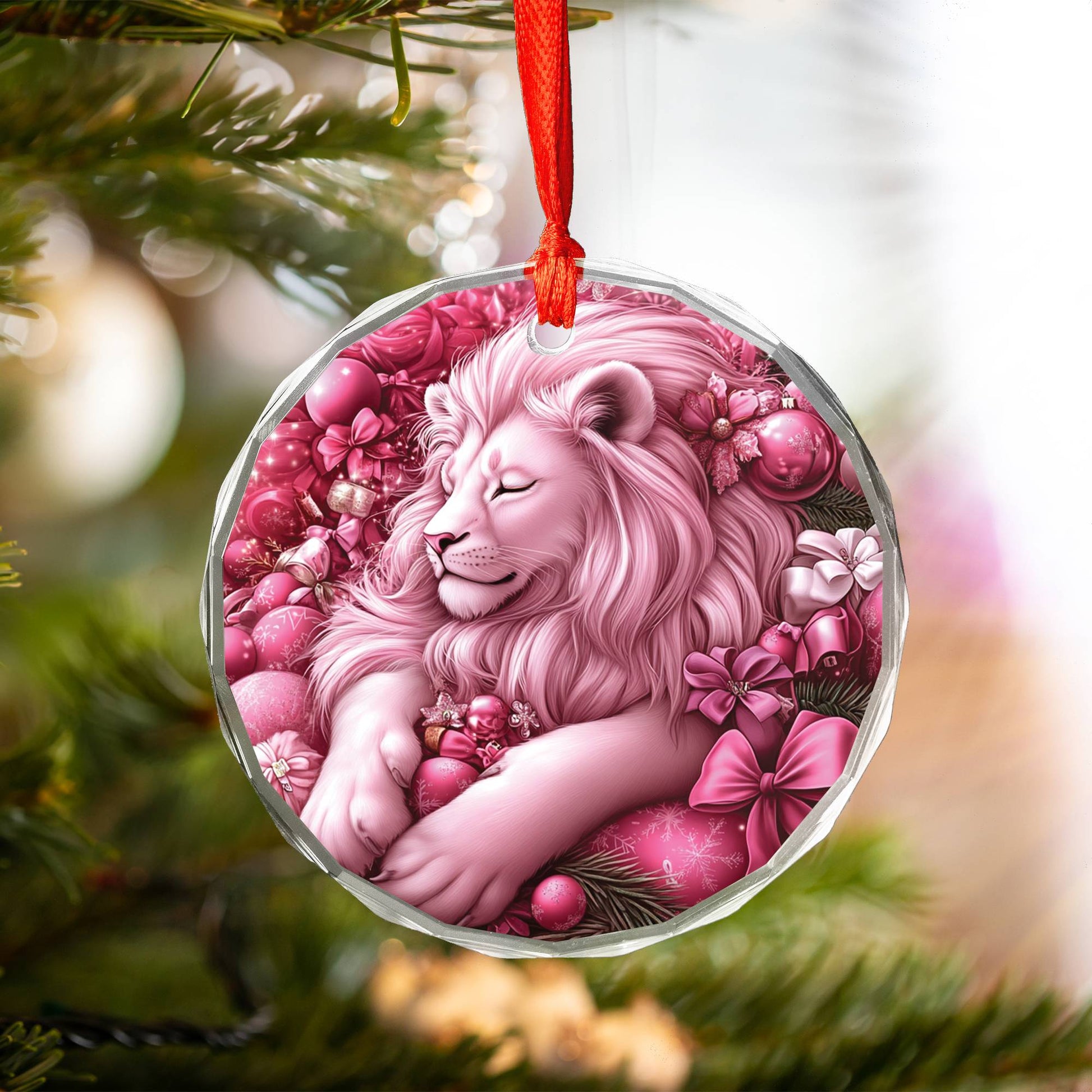 Lion Pink Christmas Design 2 Glass Ornament