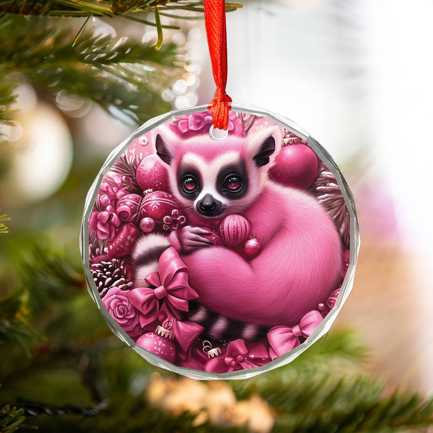 Lemur Pink Christmas Design 2 Glass Ornament