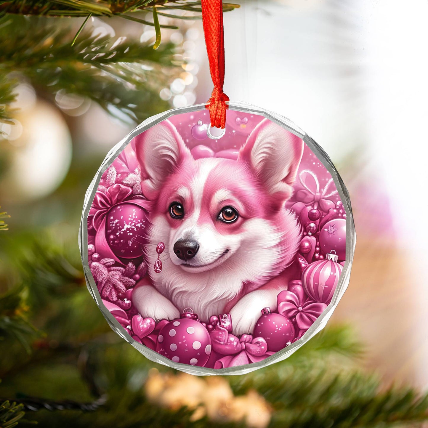 Pembroke Welsh Corgi Dog Pink Christmas Design 3 Glass Ornament