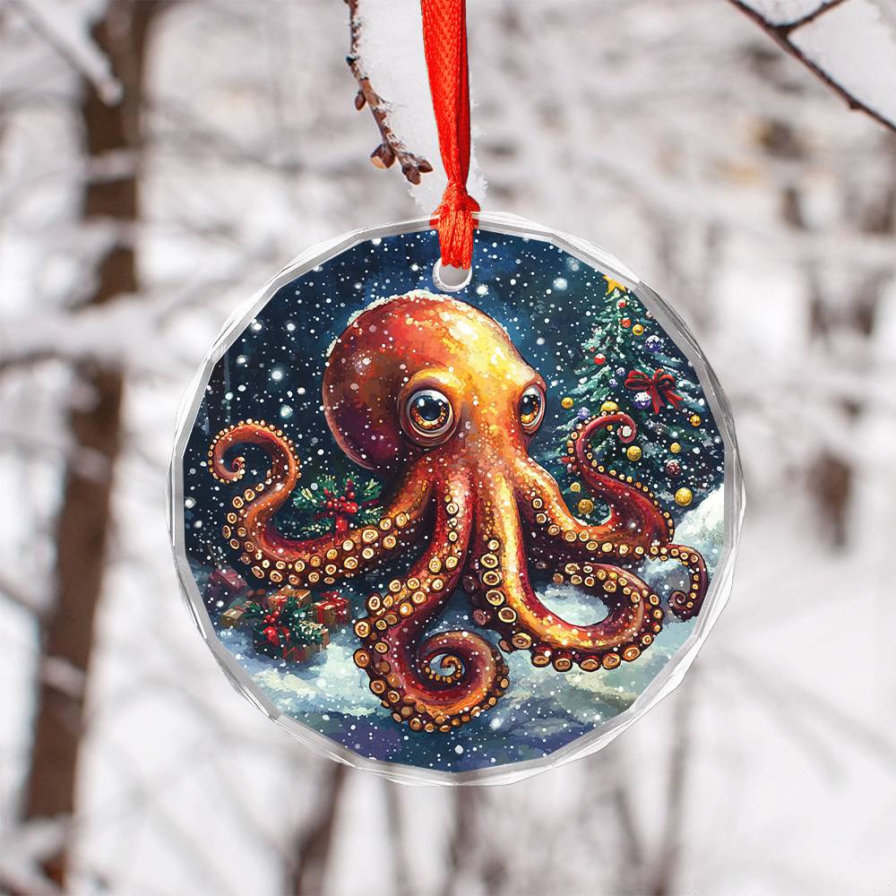 Beautiful Angus Octopus Christmas Night Design 1 Glass Ornament