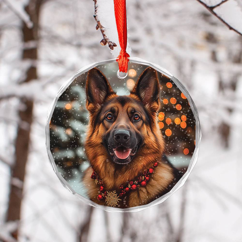 Beautiful German Shepherd Dog Christmas Night Design 2 Glass Ornament