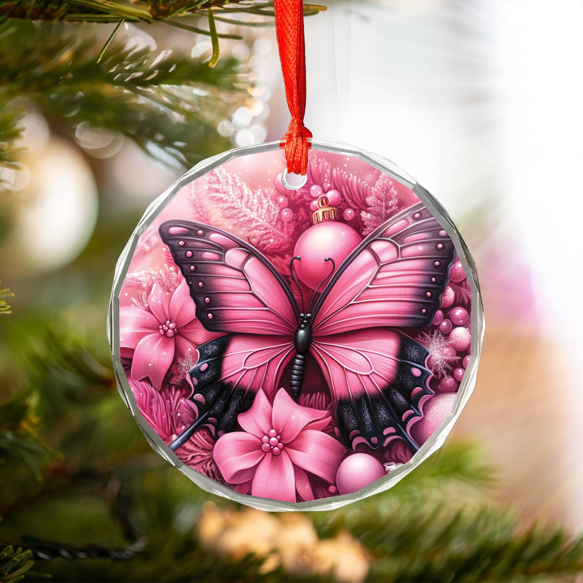 Butterfly Pink Christmas Design 4 Glass Ornament